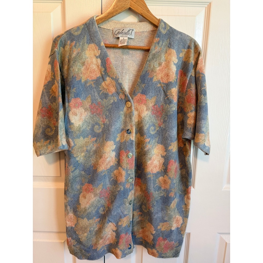 Gabriella T Italy Floral Cardigan Sweater Large Cotton Linen Blue Muted Tapestry